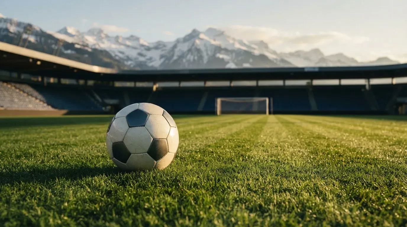 Ein Fussball liegt auf dem Rasen eines leeren Stadions am frühen Abend, dahinter erheben sich schneebedeckte Berge unter klarem Himmel.