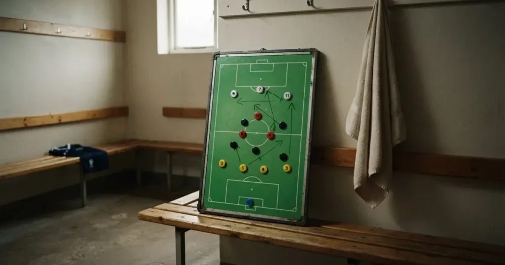 Eine Taktiktafel mit farbigen Magnetfiguren auf grünem Feld steht in einer leeren Kabine, neben ihr hängt ein Handtuch.