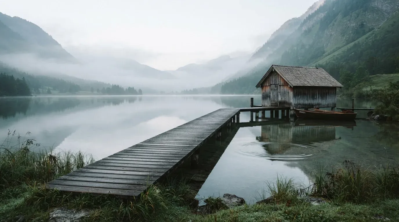 Ein Holzsteg führt über einen ruhigen Bergsee zu einem kleinen Bootshaus, über dem Wasser hängt Morgennebel.