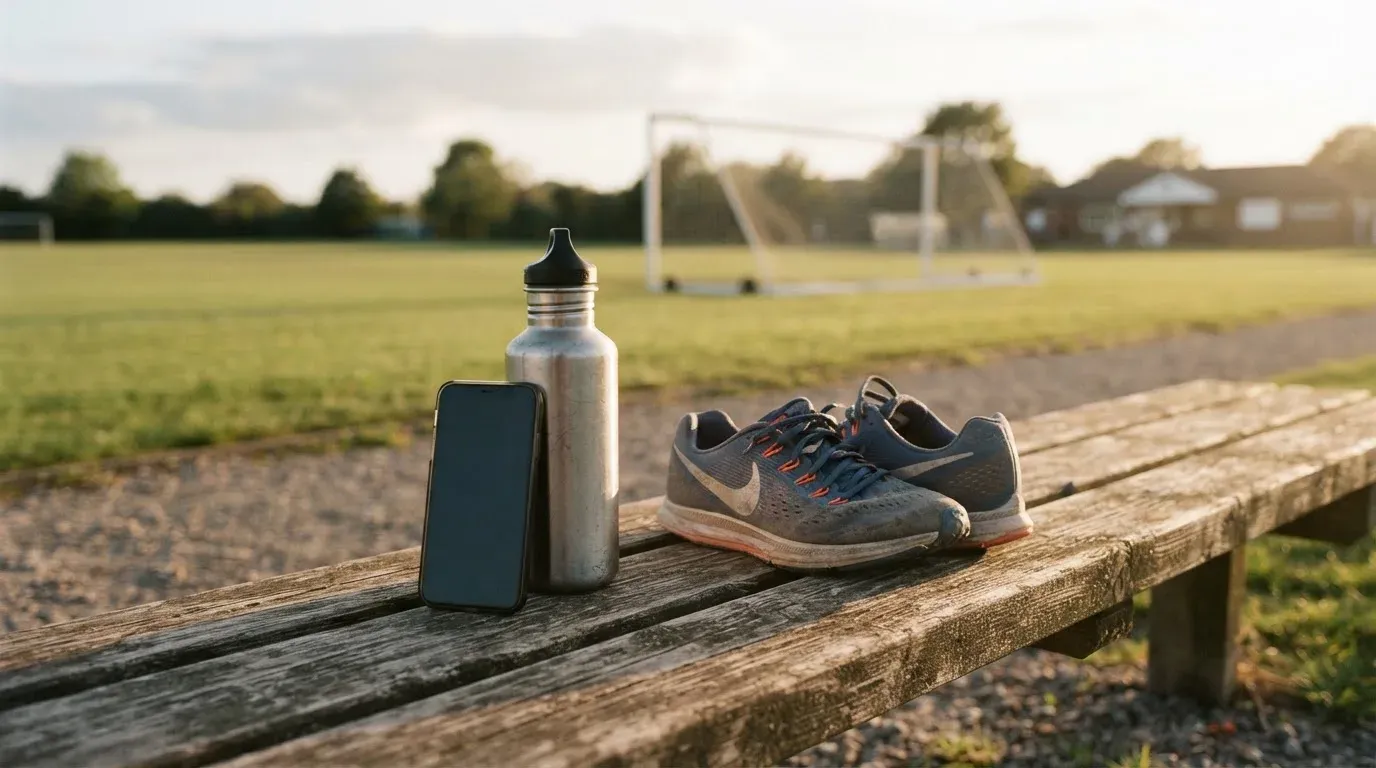 Ein Smartphone mit dunklem Bildschirm lehnt an einer Wasserflasche, daneben stehen Laufschuhe auf einer Bank am Sportplatz.