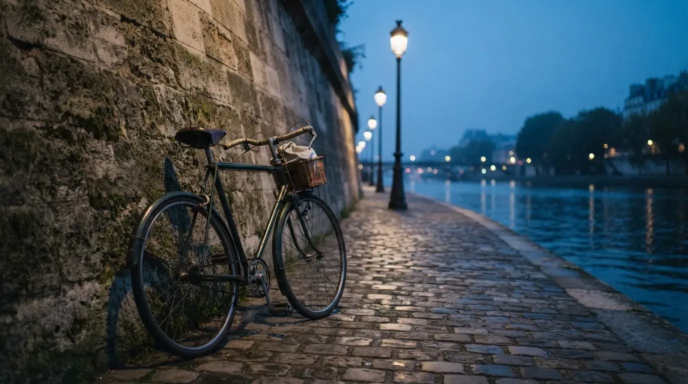 Ein Velo lehnt an einer Steinmauer am Ufer eines Flusses, die Strassenlaternen leuchten in der Dämmerung.