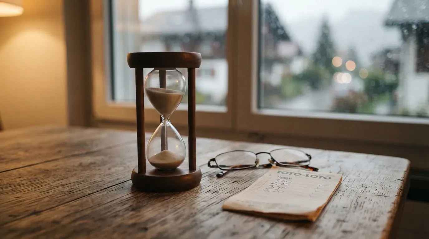 Eine Sanduhr steht auf einem Holztisch neben einer Brille, hinter dem Fenster laufen Regentropfen über das Glas.