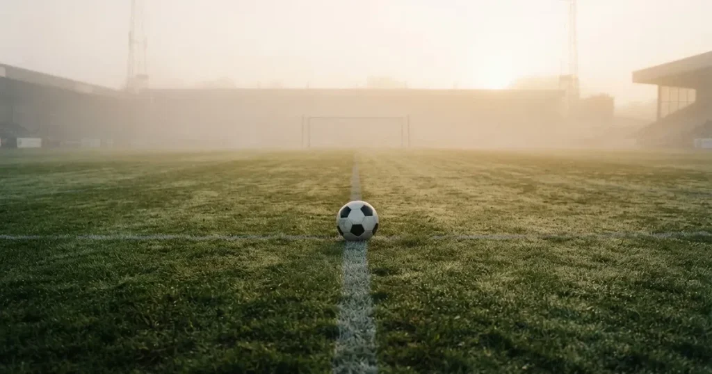 Ein Fussballplatz im Morgennebel, im Mittelkreis liegt ein einzelner Ball und der Rasen glänzt vom Tau.