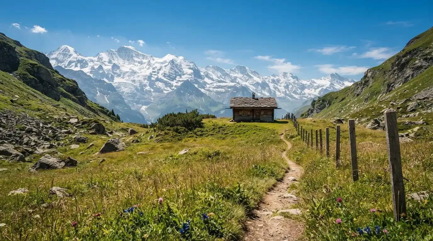 Ein Wanderweg führt über eine Alpwiese zu einem Holzchalet, dahinter ragen verschneite Gipfel in den Himmel.