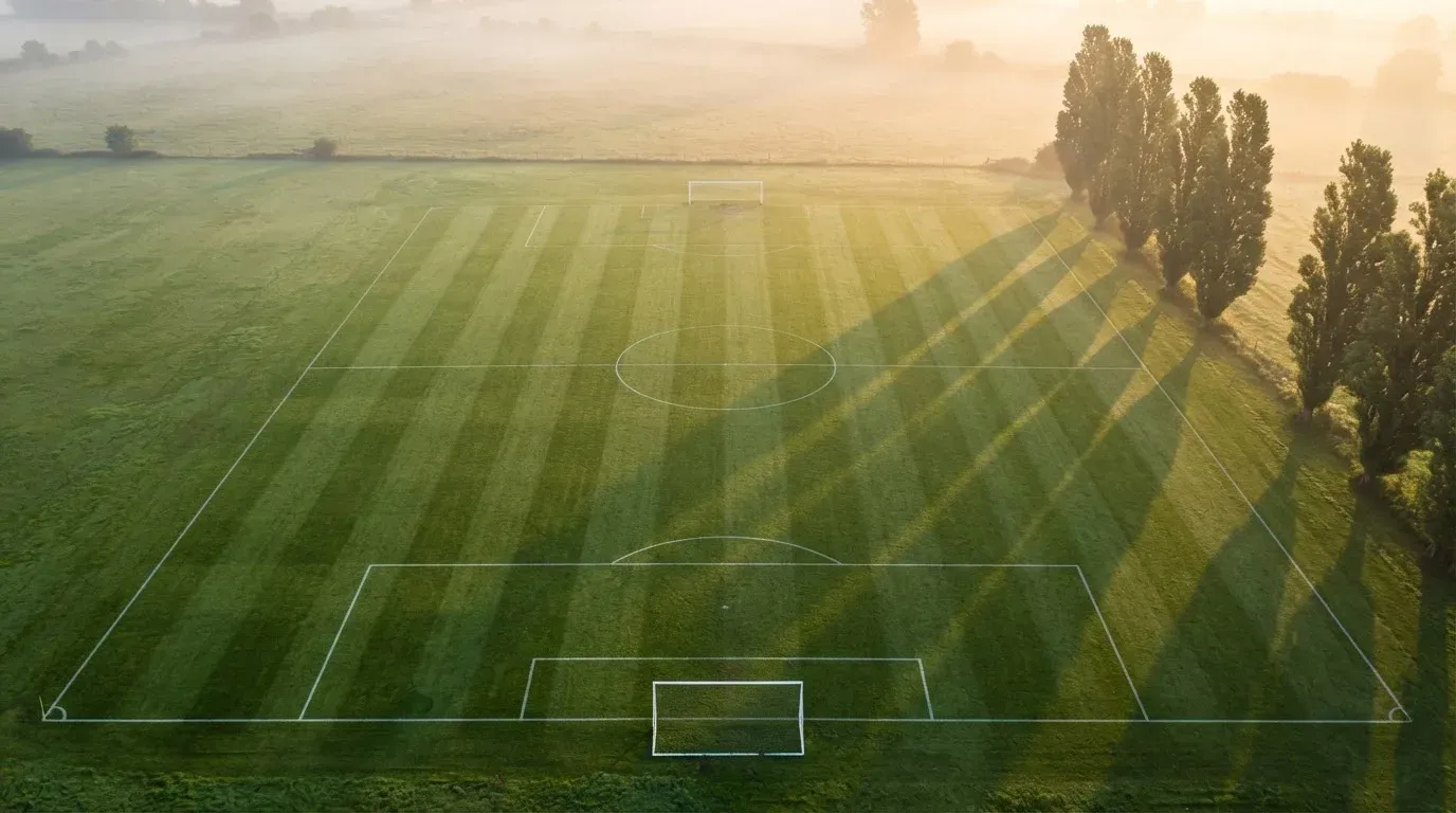 Ein leerer Fussballplatz mit weissen Linien von oben gesehen im Morgenlicht, am Rand stehen zwei Tore und eine Reihe Pappeln.