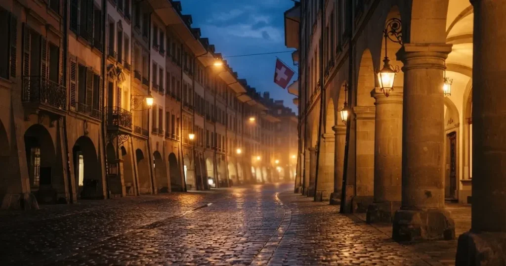 Eine menschenleere Altstadtgasse mit steinernen Laubengängen im Abendlicht, die Laternen brennen schon und das Pflaster glänzt feucht.