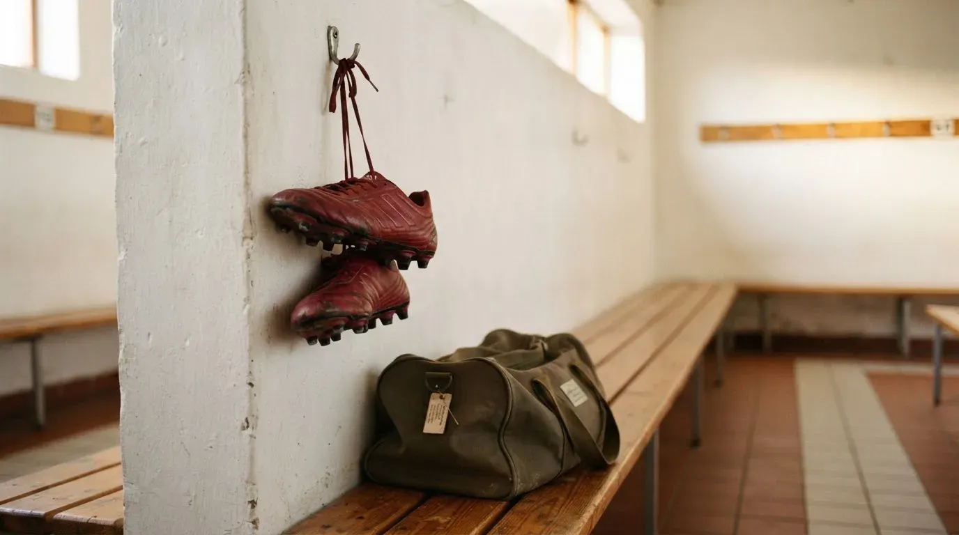 Ein Paar Fussballschuhe hängt an einem Haken in einer ruhigen Umkleide, darunter steht eine Sporttasche auf einer Holzbank.