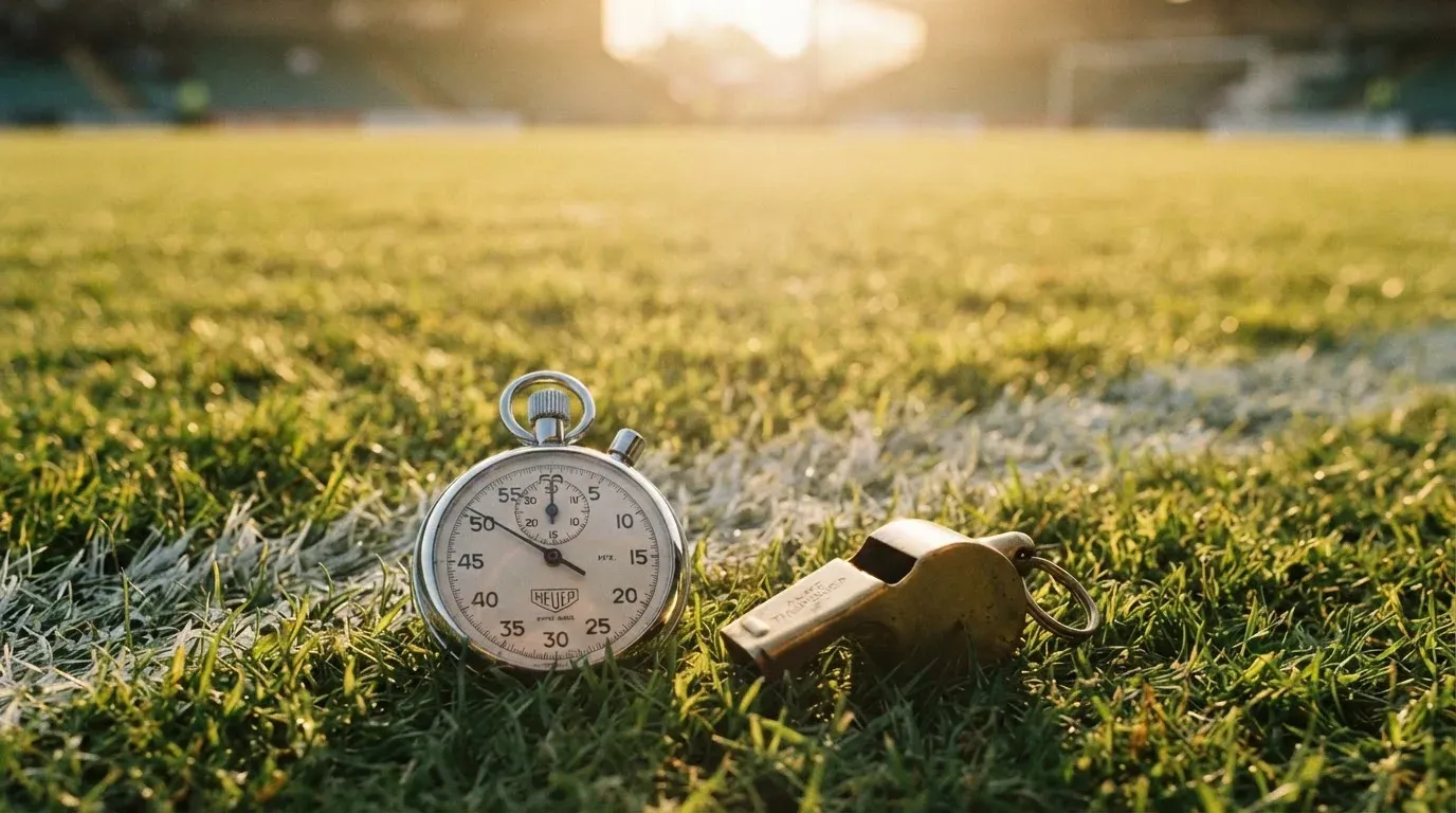 Eine Stoppuhr liegt neben einer Trillerpfeife auf einem Stück Rasen an der Seitenlinie eines Fussballfelds im Gegenlicht.