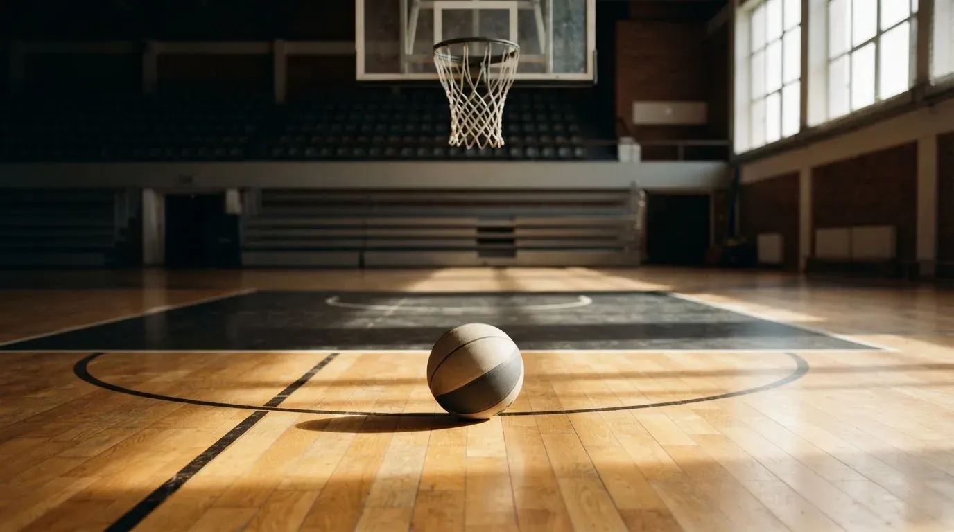 Ein Basketball liegt unter dem Korb in einer leeren Sporthalle, durch hohe Fenster fällt Tageslicht auf das Parkett.