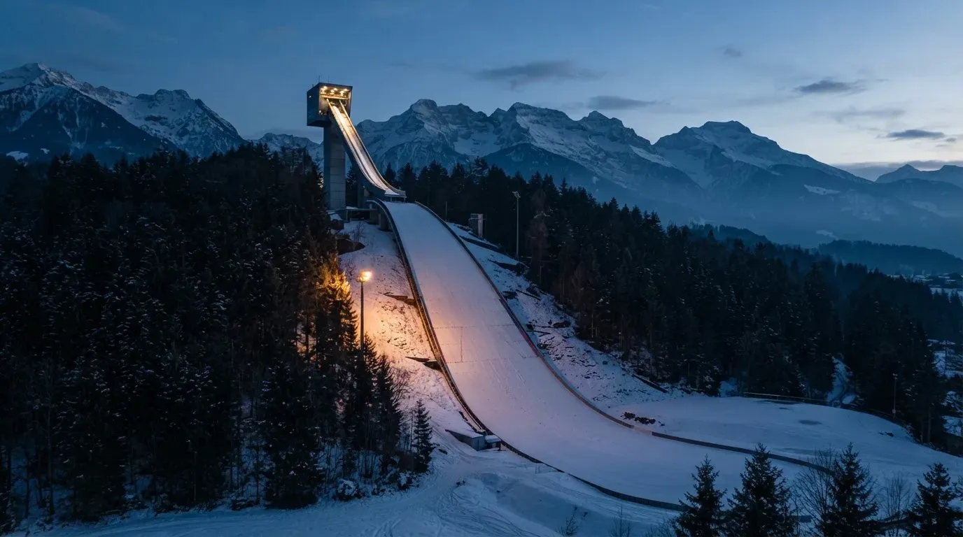 Eine Skisprungschanze ragt in der Dämmerung über einen Wald in den Alpen, der Auslauf liegt verschneit und leer da.
