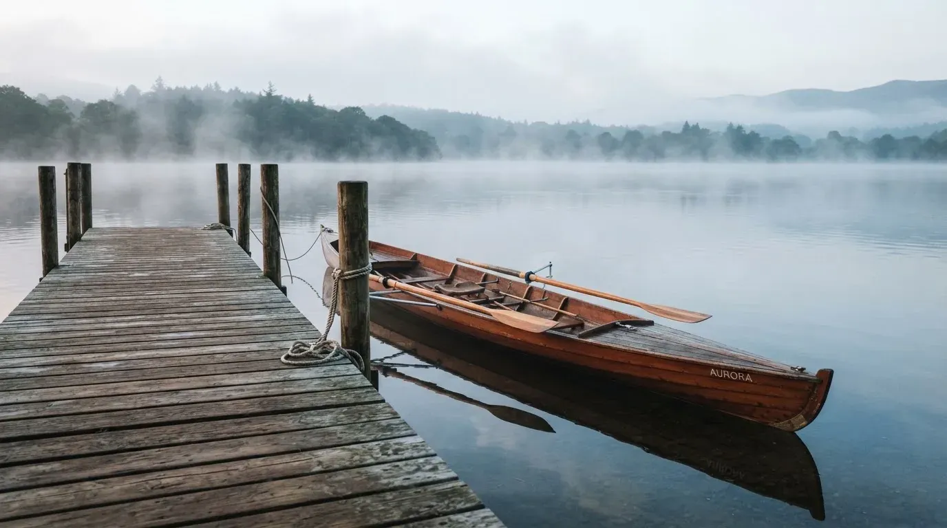 Ein Ruderboot liegt an einem Steg am Ufer eines Sees, über dem Wasser steigt dünner Nebel auf.