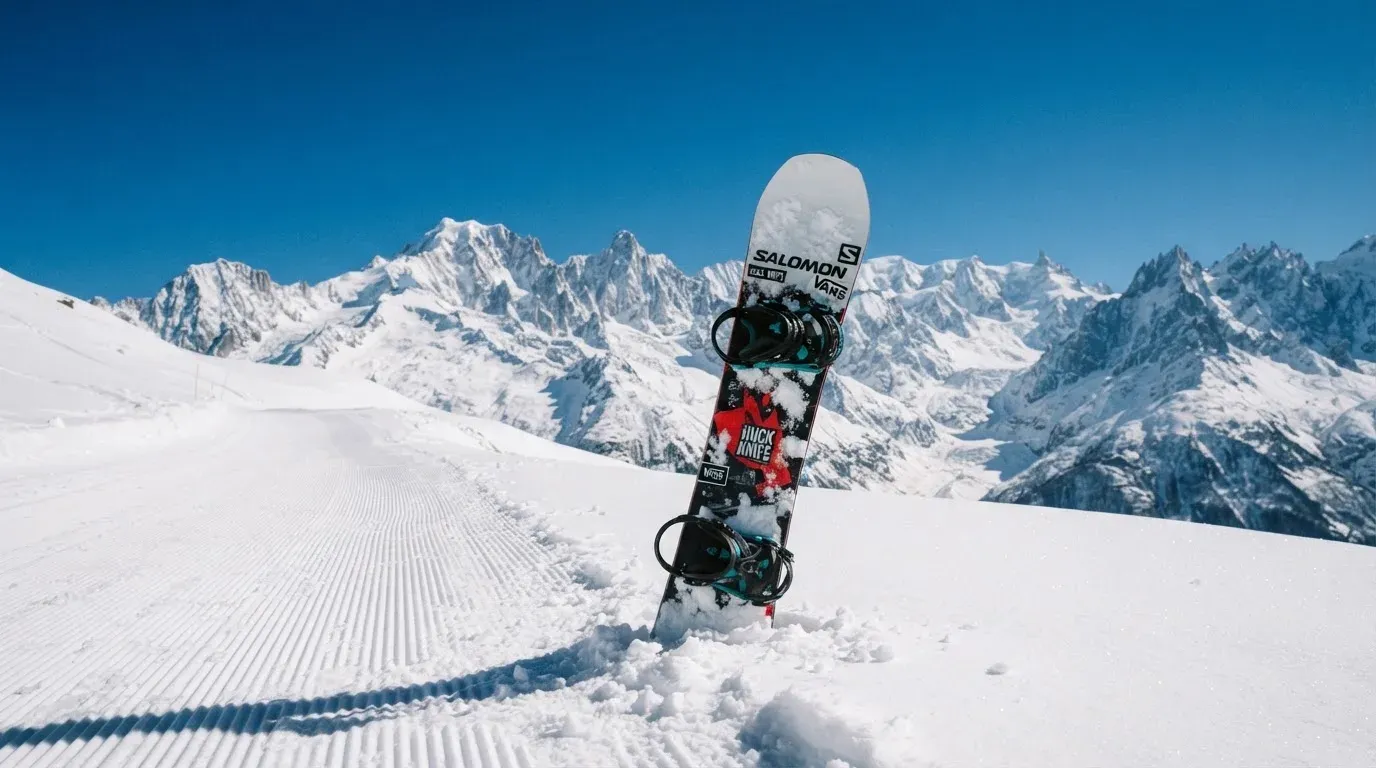 Ein Snowboard steckt aufrecht im Schnee am Rand einer Piste, dahinter spannt sich klarer Himmel über verschneiten Gipfeln.