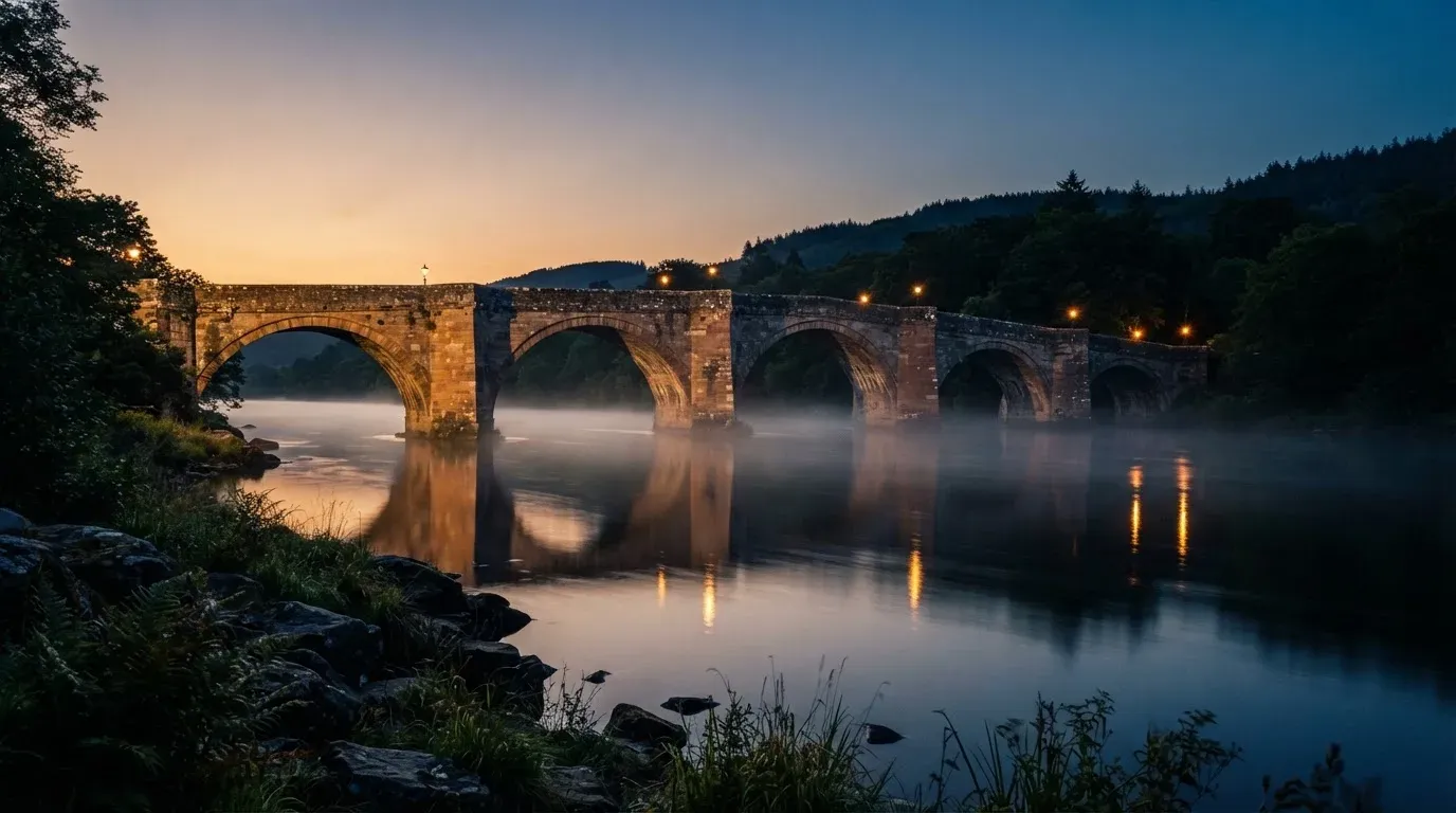 Eine Steinbrücke spannt sich in der Dämmerung über einen Fluss, auf dem Wasser liegt leichter Nebel.