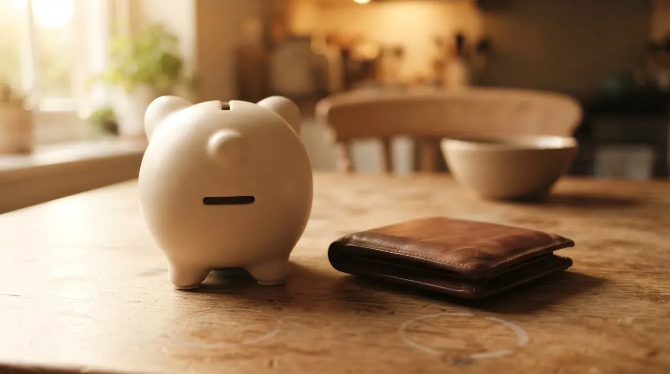 Ein Sparschwein aus Keramik steht auf einem Küchentisch neben einer leeren Geldbörse im Licht des Morgens.