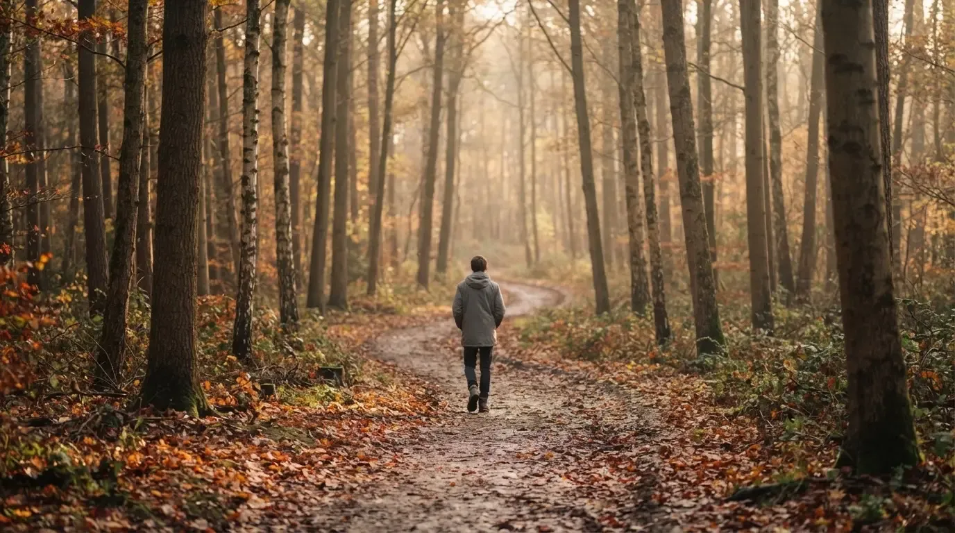 Ein Waldweg im Herbst mit buntem Laub, in der Ferne geht eine einzelne kleine Gestalt zwischen den Bäumen.