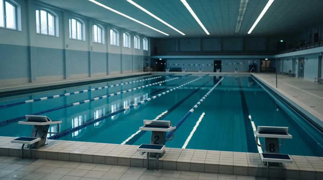 Ein leeres Schwimmbecken mit Startblöcken am Morgen, die Wasseroberfläche ist ruhig und spiegelt die Deckenlampen.