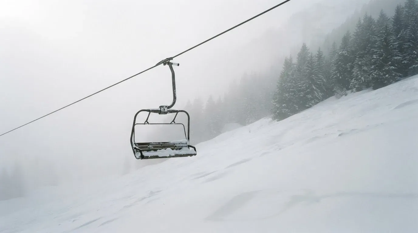 Ein Sessellift fährt leer durch dichten Nebel über eine winterliche Alp, unter ihm liegt unberührter Schnee.