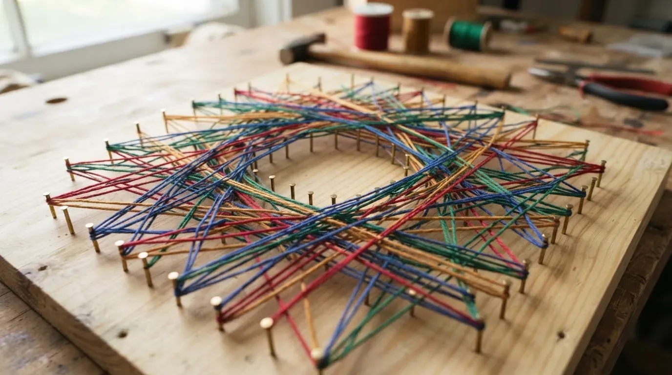 Farbige Fäden laufen auf einem Holzbrett zwischen Nägeln hindurch und kreuzen sich an mehreren Stellen.