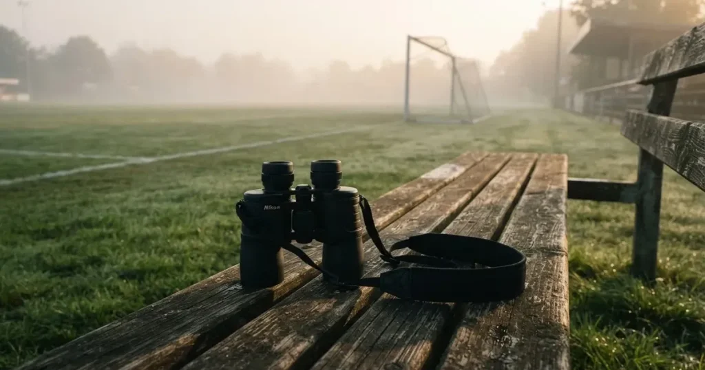 Ein Fernglas liegt auf einer leeren Holzbank an der Seitenlinie eines Fussballfelds, vom Rasen steigt Nebel auf.