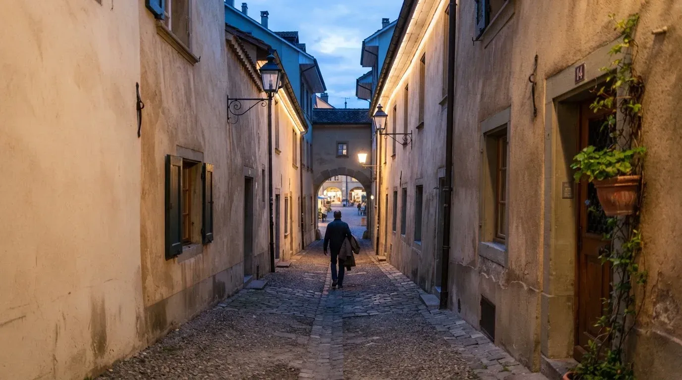 Ein schmaler Kiesweg führt zwischen zwei hellen Mauern durch eine Schweizer Altstadt, die Laternen sind noch nicht angezündet.