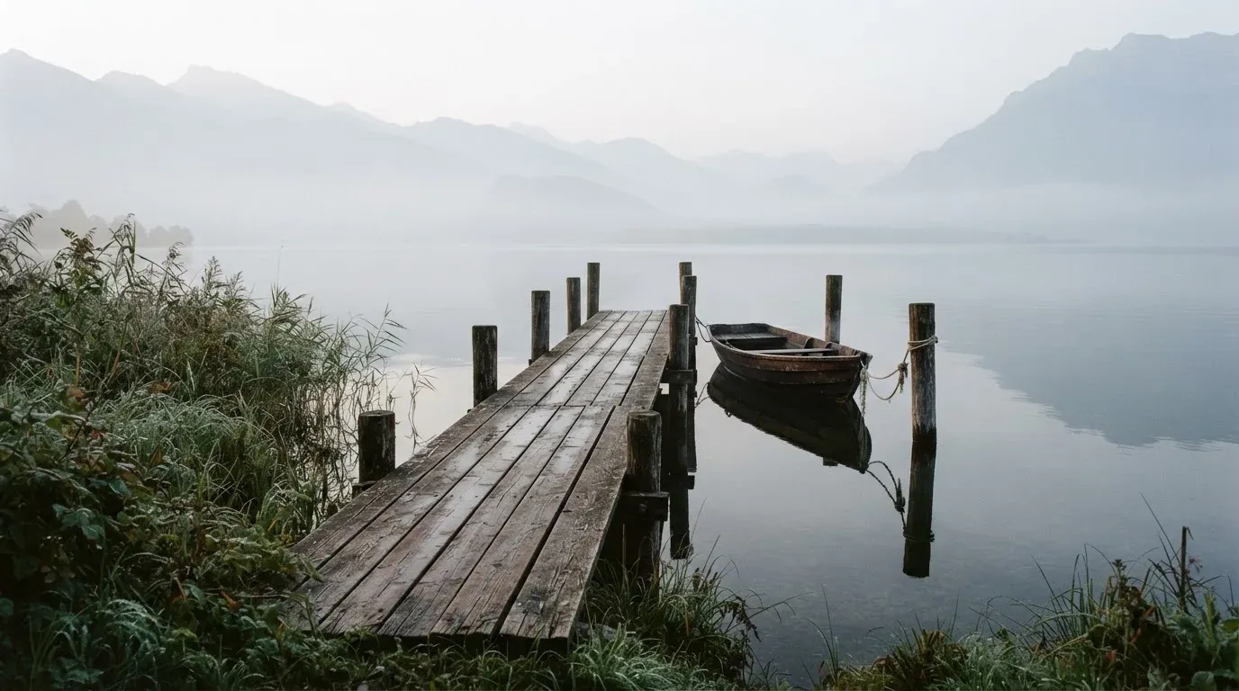 Ein Seeufer mit einem Holzsteg und einem vertäuten Ruderboot im Morgennebel, im Hintergrund die Silhouette von Bergen.