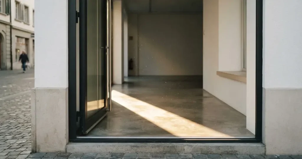 Eine frisch geöffnete Glastür führt in einen leeren Geschäftsraum, Morgenlicht fällt auf einen polierten Boden.