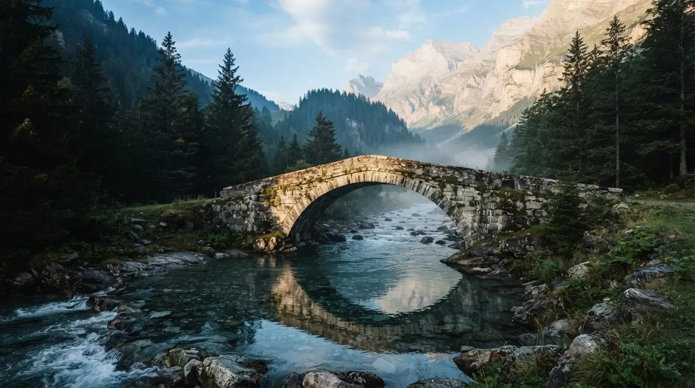Eine Steinbogenbrücke überspannt einen Bergbach in den Alpen im Morgenlicht, an den Hängen stehen dunkle Nadelbäume.