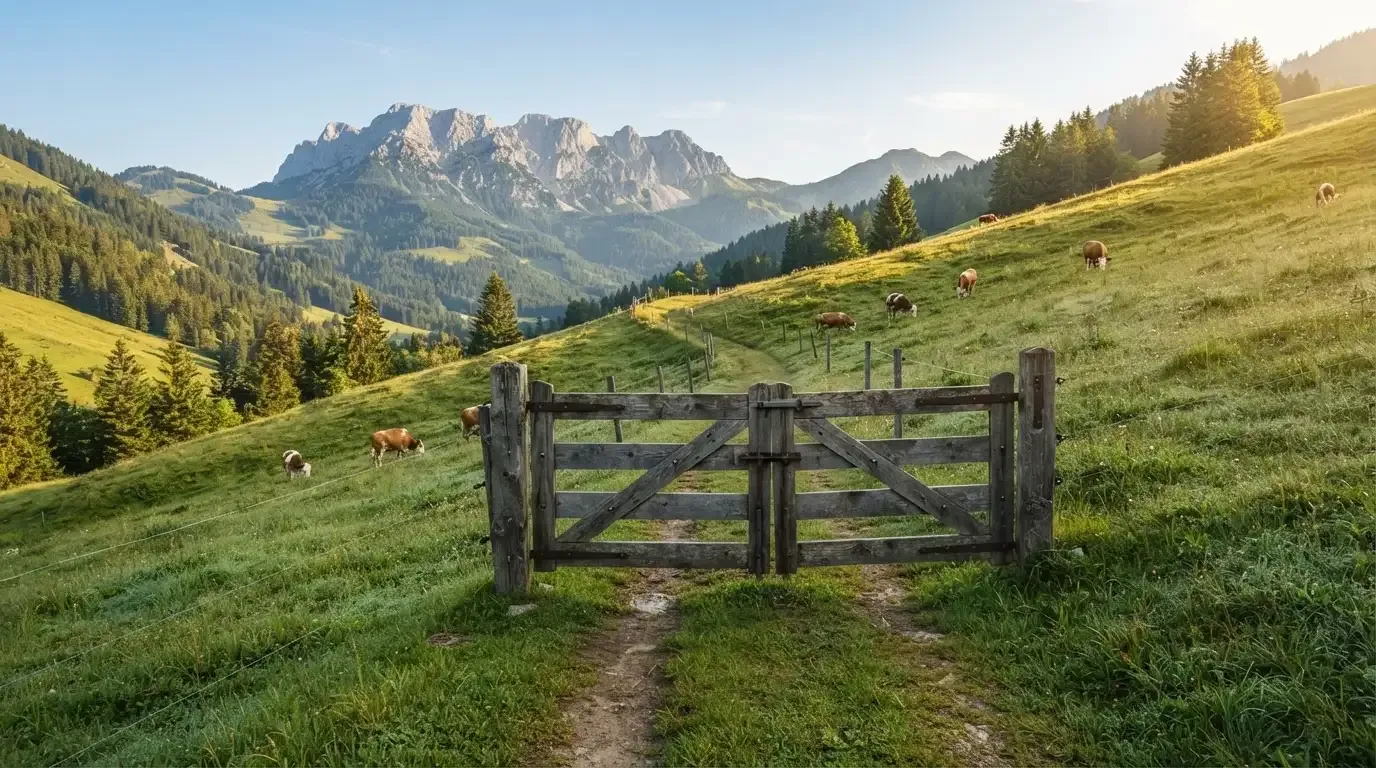 Ein geschlossenes Holztor an einem Feldweg im Gebirge, dahinter eine Weide mit Kühen im Morgenlicht.