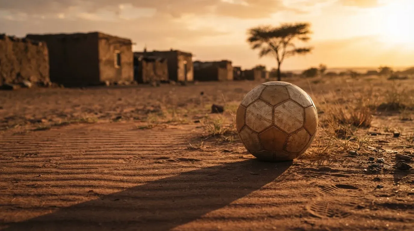 Ein Fussball liegt auf rotbraunem Sand am Rand eines Dorfes, die Abendsonne wirft lange Schatten.