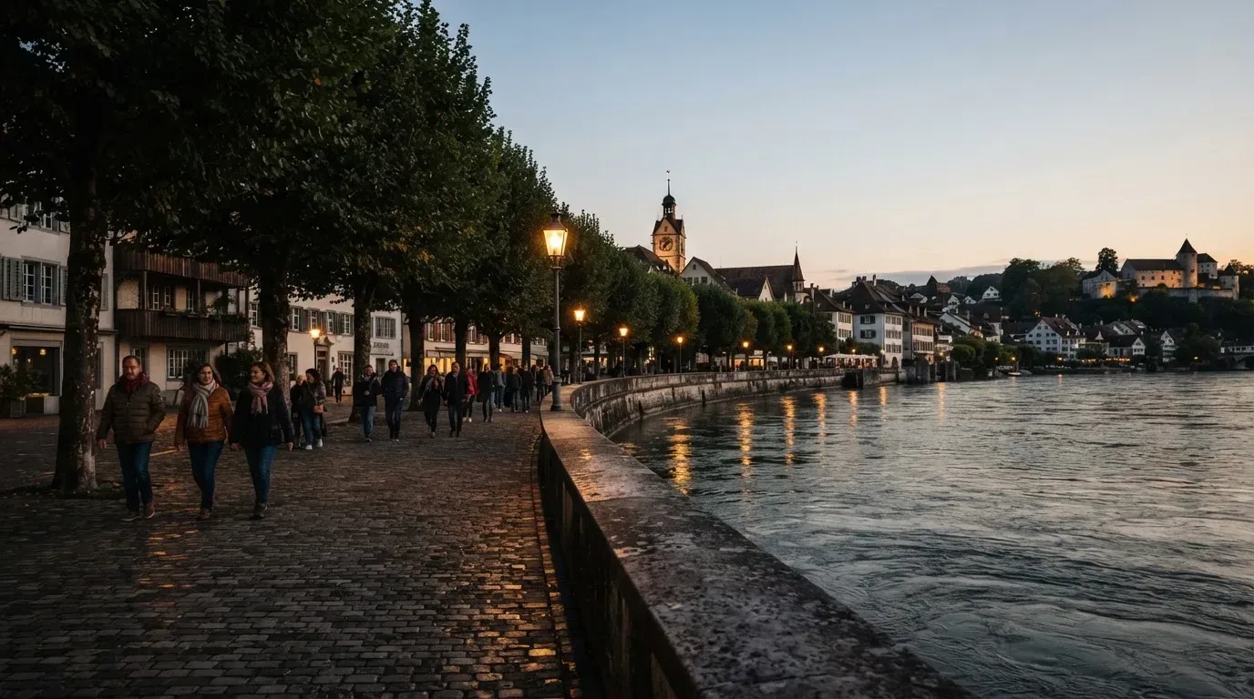 Eine Rheinpromenade mit hohen Bäumen am Abend, das Wasser spiegelt das Licht der ersten Laternen.
