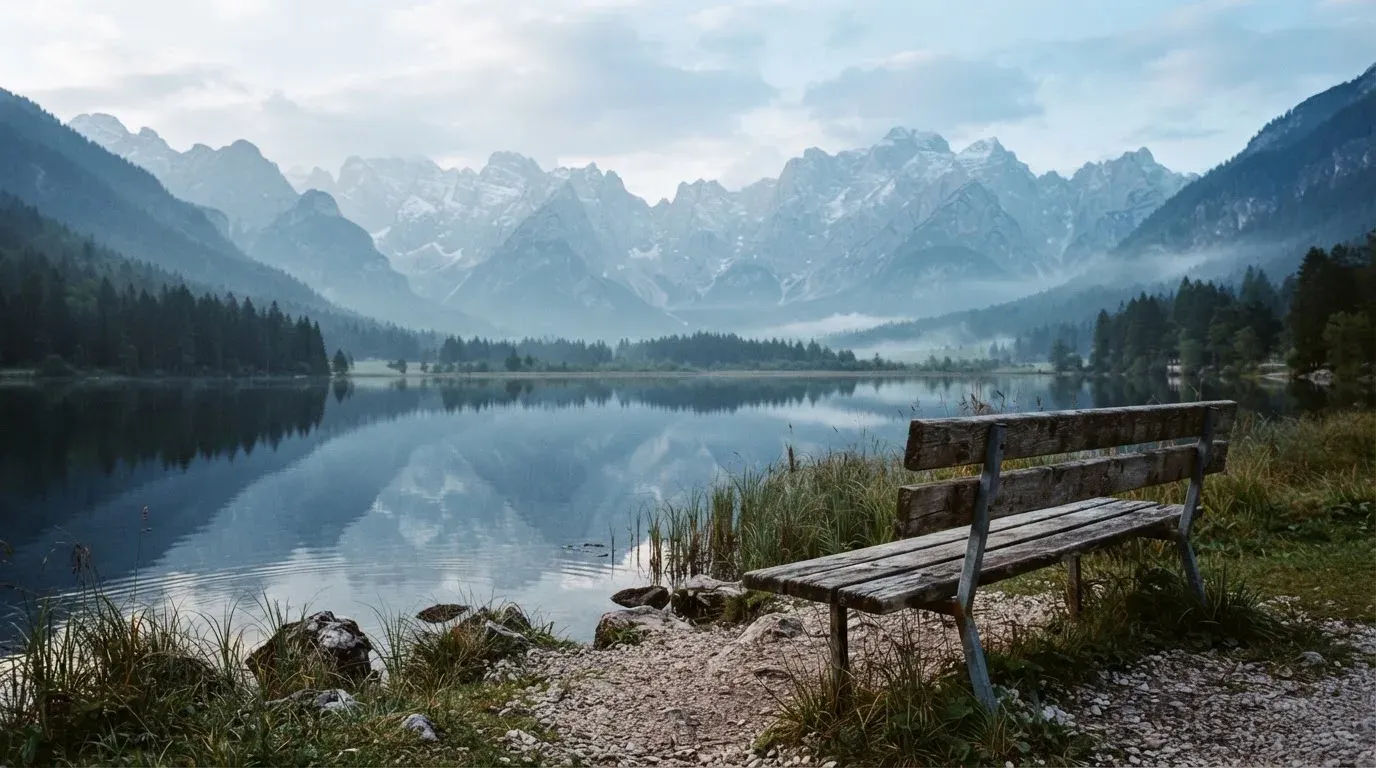 Eine Holzbank an einem Seeufer mit Blick auf eine Bergkette im Morgendunst, das Wasser ist spiegelglatt.