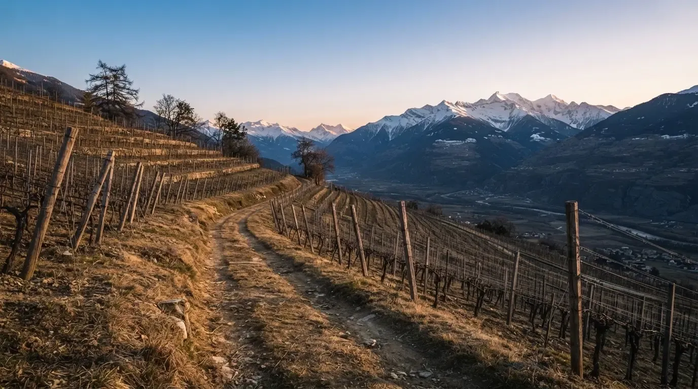 Ein Feldweg zwischen Weinreben im Wallis bei Sonnenaufgang, im Hintergrund hohe Berge und klare Luft.