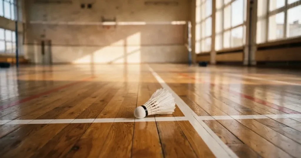 Ein Federball liegt auf dem Boden einer leeren Sporthalle, das Netz verschwimmt im Hintergrund, Licht fällt durch hohe Fenster.