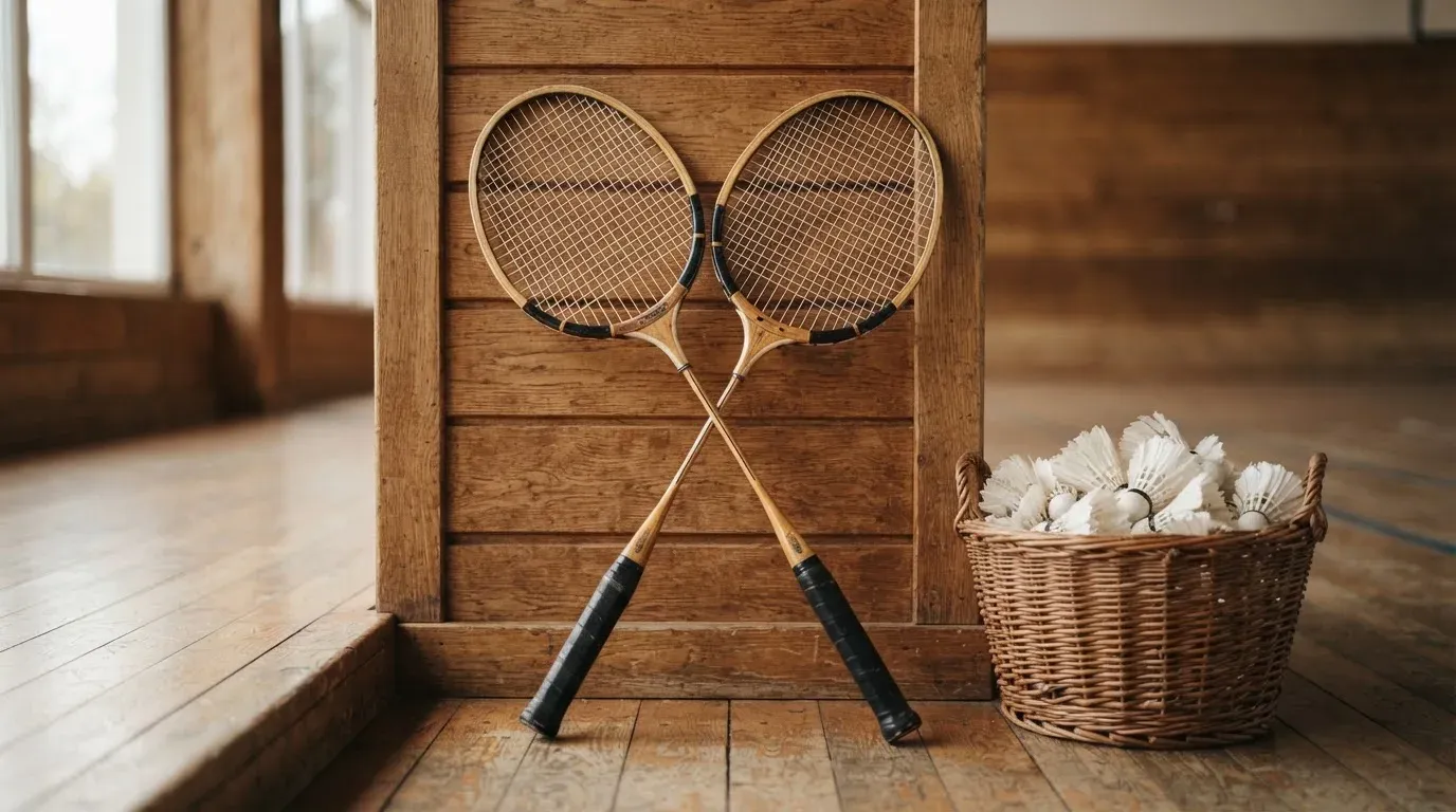 Zwei Badmintonschläger lehnen gekreuzt an einer Hallenwand aus Holz, daneben steht ein Korb mit Federbällen.