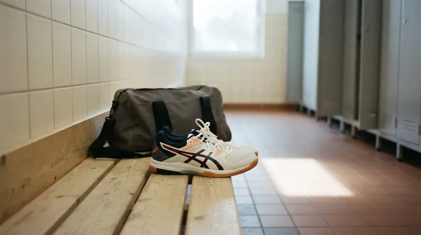 Ein Paar Hallenschuhe steht ordentlich neben einer Sporttasche auf einer Bank in einer leeren Garderobe, ein Fenster lässt Morgenlicht herein.