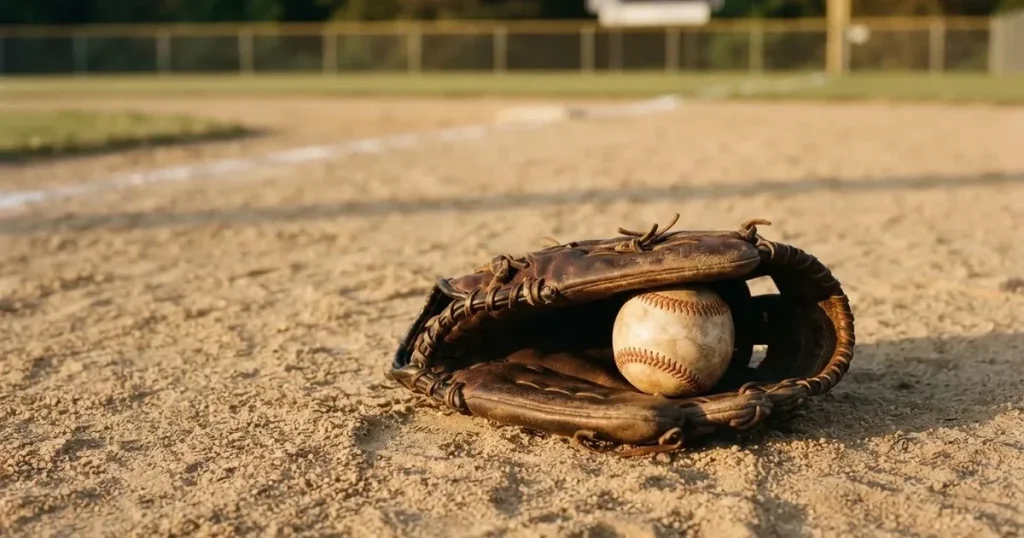 Ein Lederhandschuh und ein Ball liegen auf dem Sandboden eines leeren Spielfelds, die tiefstehende Sonne wirft lange Schatten.