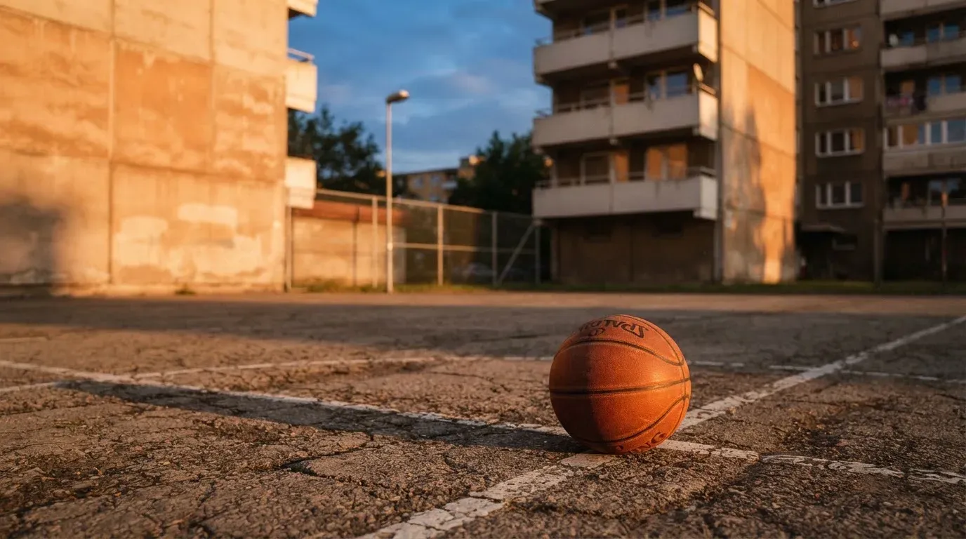 Ein Basketball liegt auf einem Asphaltplatz in einem Hinterhof zwischen Wohnblöcken, das Abendlicht färbt die Wände warm.