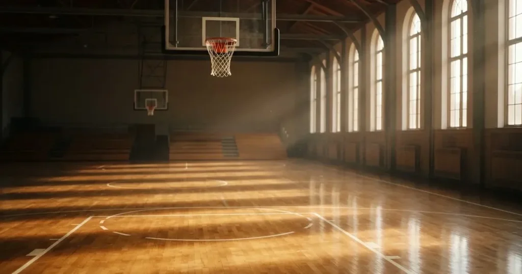 Ein Basketballkorb mit Netz in einer leeren Halle, Licht fällt von hohen Fenstern auf den glänzenden Parkettboden.