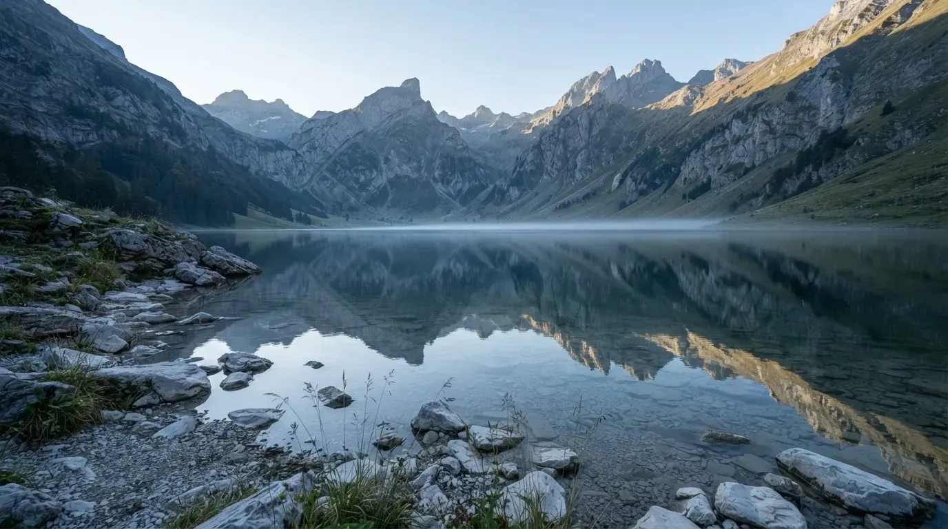 Ein Bergsee mit ruhigem Wasser und Gipfeln im Morgenlicht, am Ufer liegen glatte Steine.