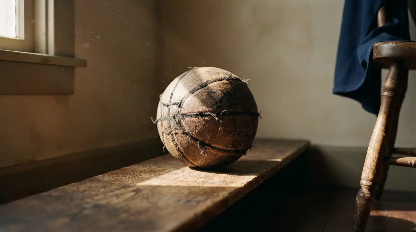 Ein abgenutzter Lederball liegt auf einem Holzregal in einem Vereinsraum, ein Sonnenstrahl macht den Staub sichtbar.
