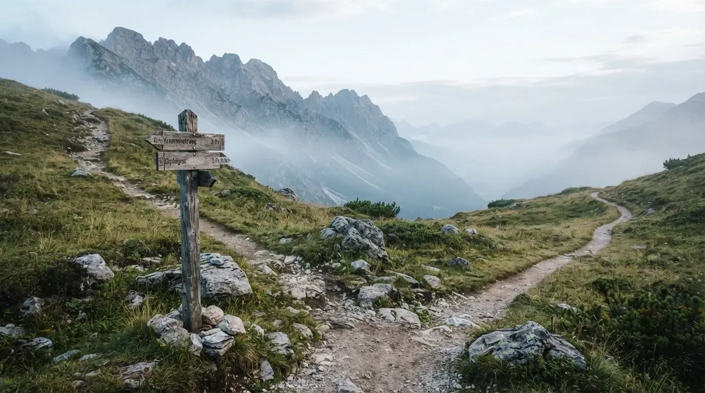 Eine Weggabelung auf einer Alpweide, zwei Pfade teilen sich zwischen Steinen, im Tal steigt Nebel auf.