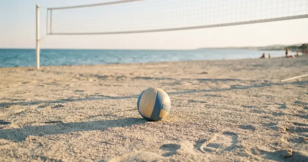 Ein Volleyball liegt auf feinem hellem Sand, ein gespanntes Netz verschwimmt dahinter, das Licht kommt von einem weiten Meer.