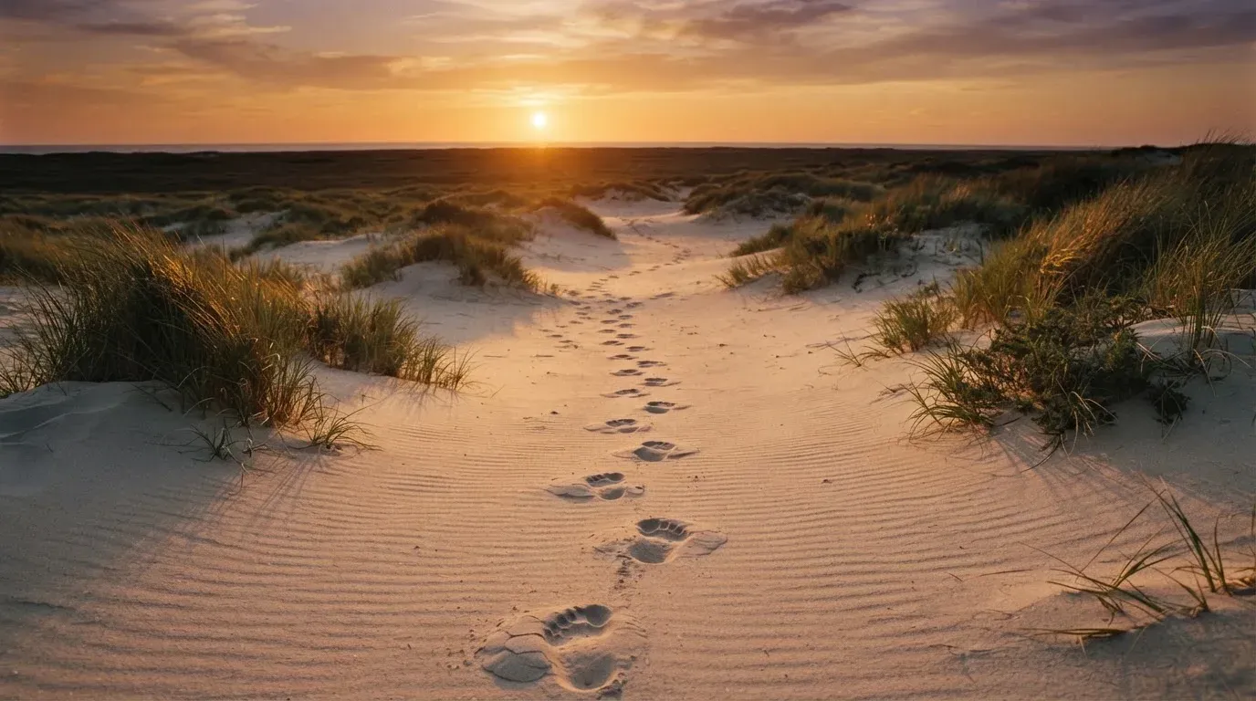 Spuren im Sand führen durch Dünengras auf den Horizont zu, die Sonne steht tief und färbt den Himmel orange.