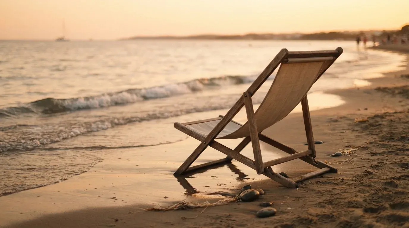 Ein leerer Liegestuhl aus Holz steht am Rand eines Sandstrands, Abendlicht und ruhige Wellen im Hintergrund.