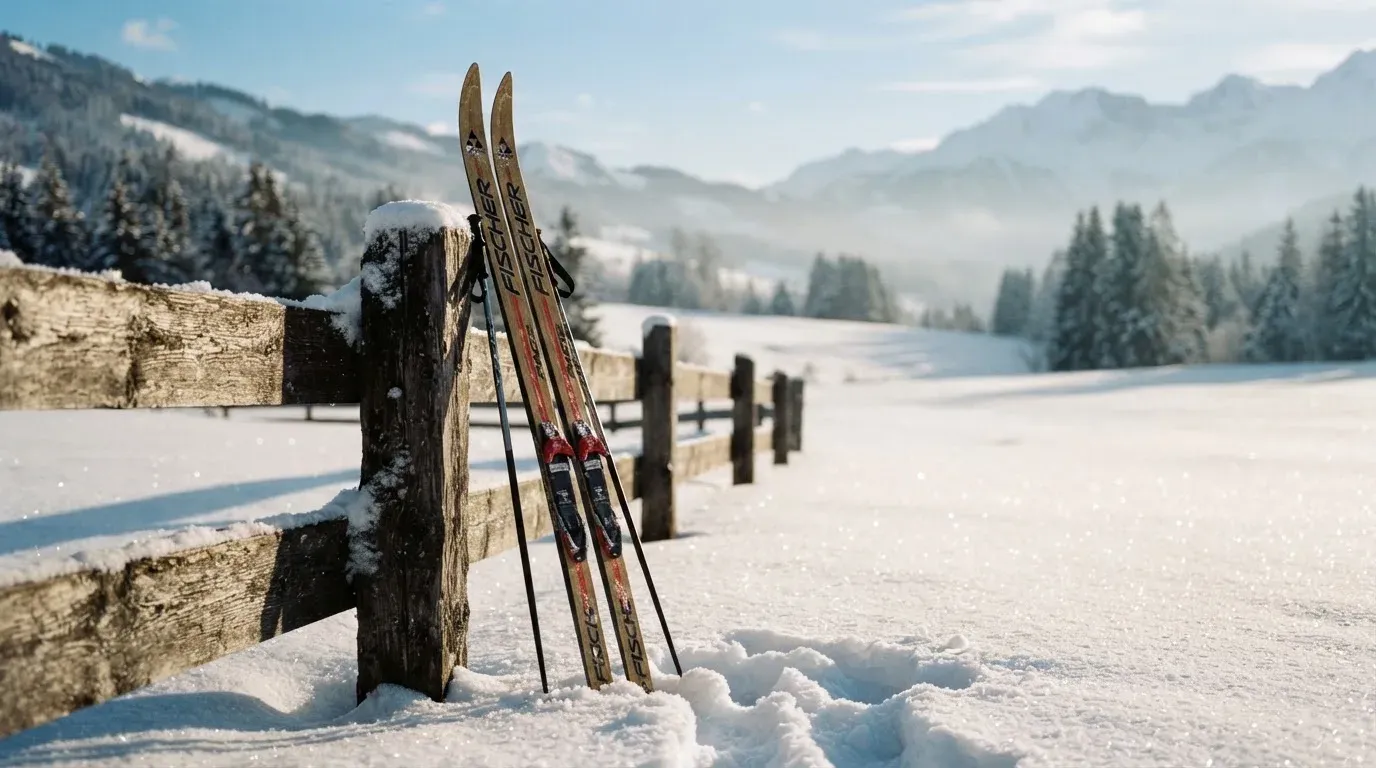 Ein Paar Langlaufskier steckt aufrecht im Schnee neben einem Holzzaun, die Sonne glitzert auf Eiskristallen.