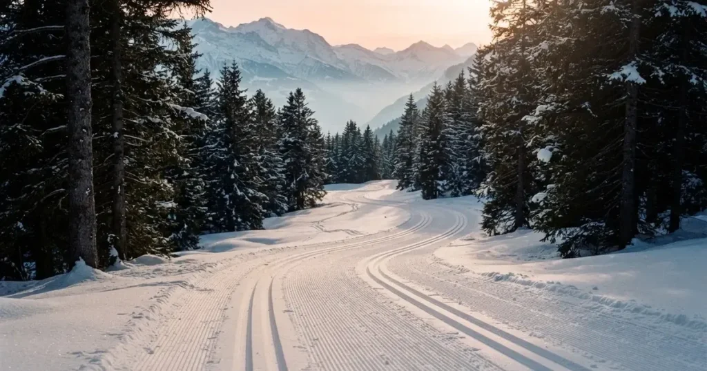 Eine verschneite Langlaufloipe führt durch Tannenwald im Morgenlicht, frische Spuren im Schnee, dahinter Berge im Dunst.