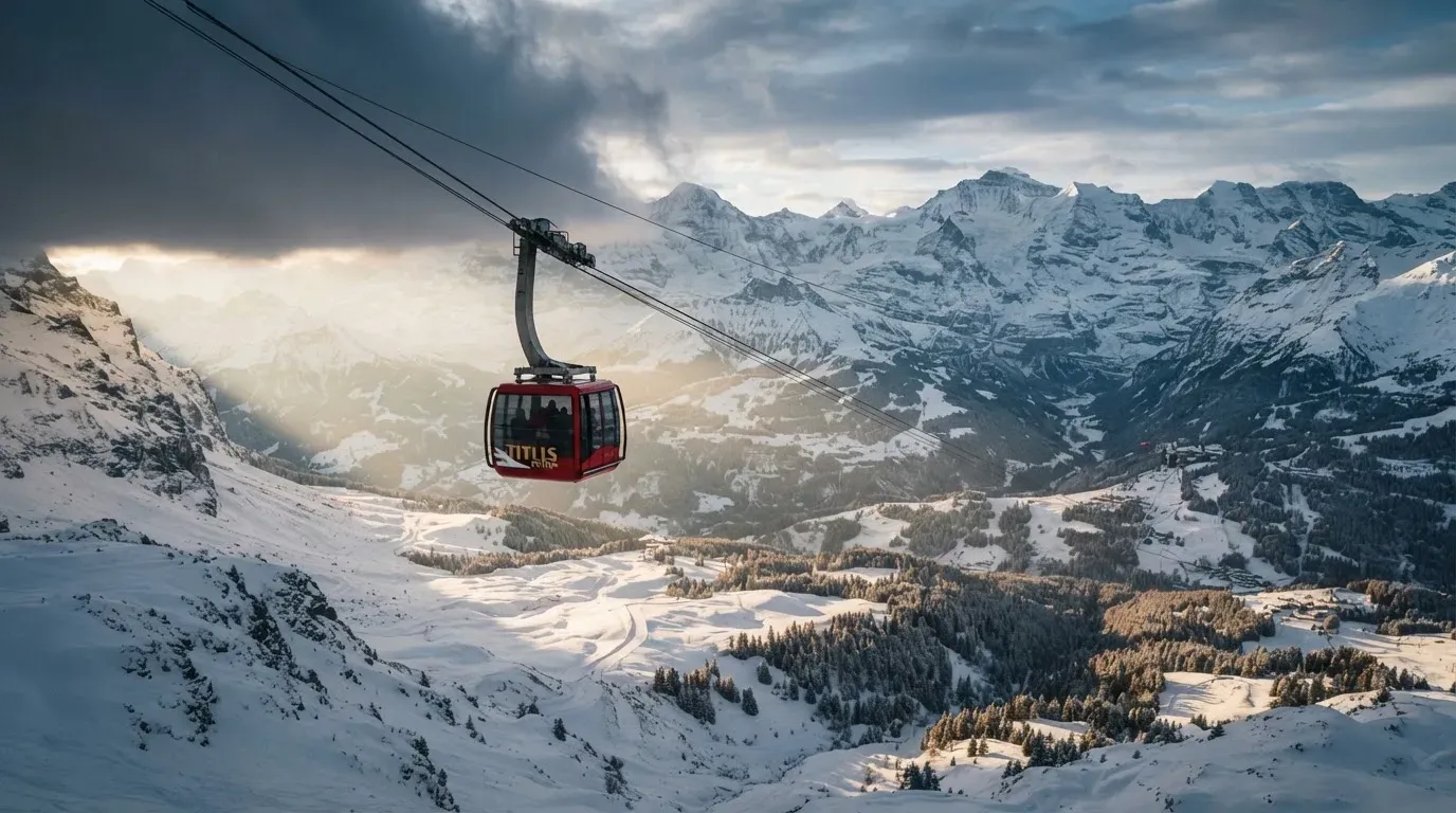 Eine Seilbahnkabine schwebt über einem verschneiten Tal, die Sonne bricht durch die Wolken und beleuchtet die Hänge.