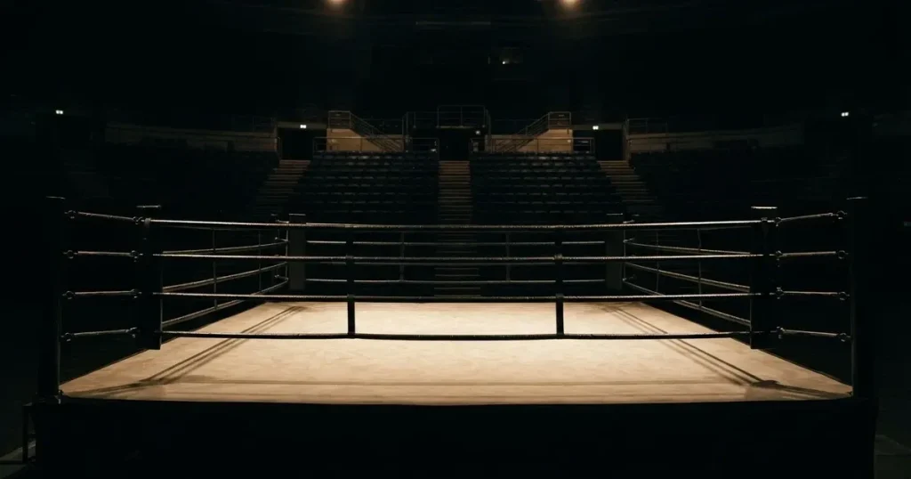 Ein leerer Boxring mit gespannten Seilen unter hellem Hallenlicht, dahinter ansteigende Zuschauerränge in einer grossen dunklen Halle