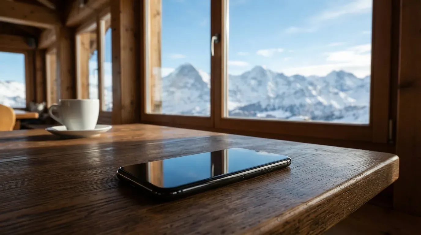 Ein Smartphone mit dunklem Bildschirm liegt auf einem Holztisch vor einem Fenster mit Blick auf schneebedeckte Gipfel