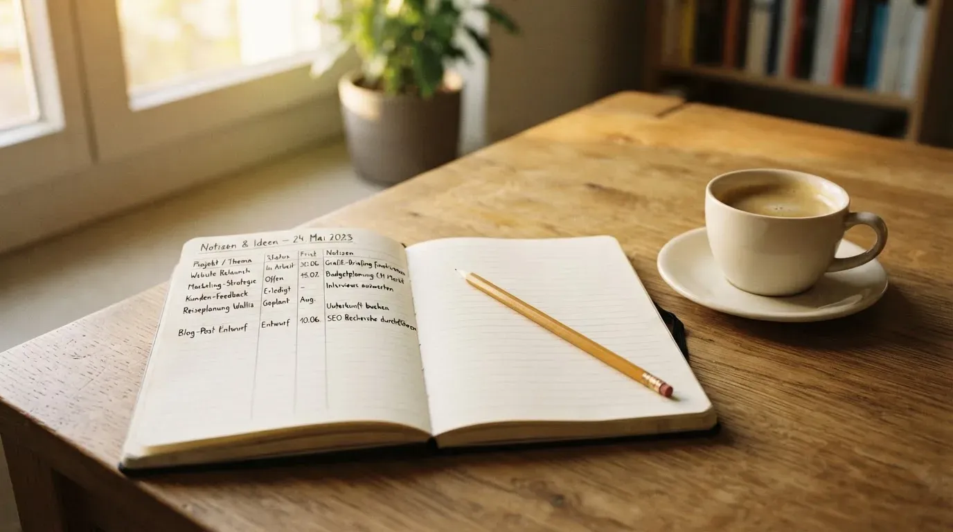 Ein aufgeschlagenes Notizbuch mit handgeschriebenen Spalten und ein Bleistift neben einer Tasse Kaffee auf einem Holztisch am Morgen